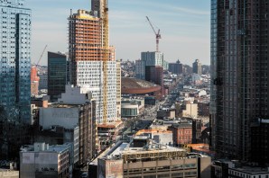 A view from 7 DeKalb Avenue, an apartment tower in Downtown Brooklyn. Eighty percent of its 250 apartments are subsidized units, for which there were 87,754 applications when it opened. 