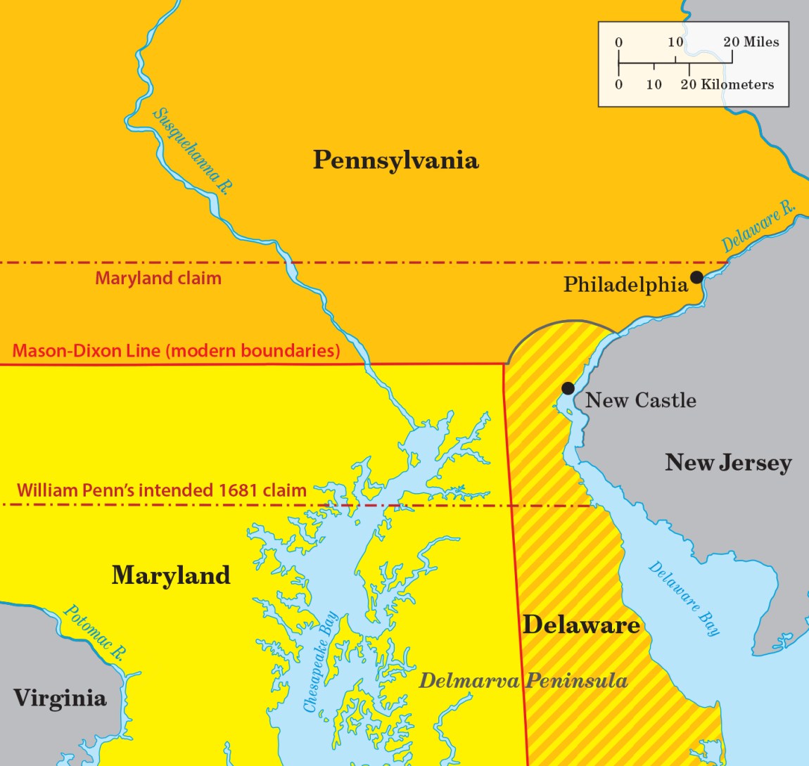 Modern boundaries of the Mason-Dixon Line map