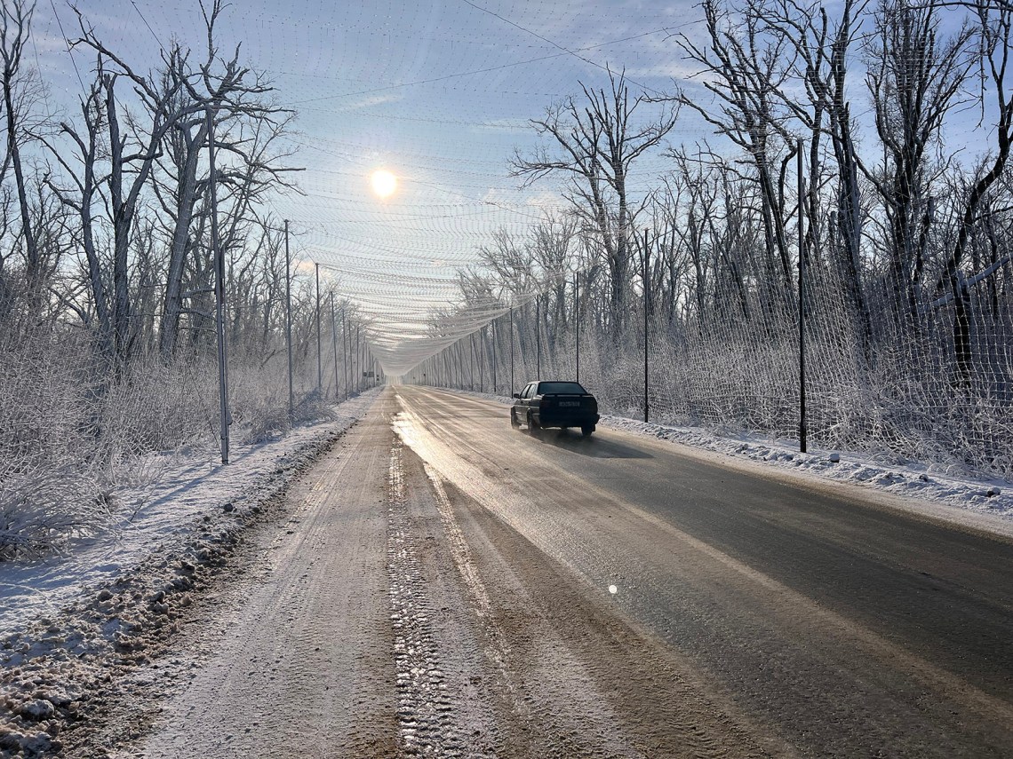 Anti-drone netting protecting the main road from the Kharkiv provincial border to Sloviansk, Ukraine