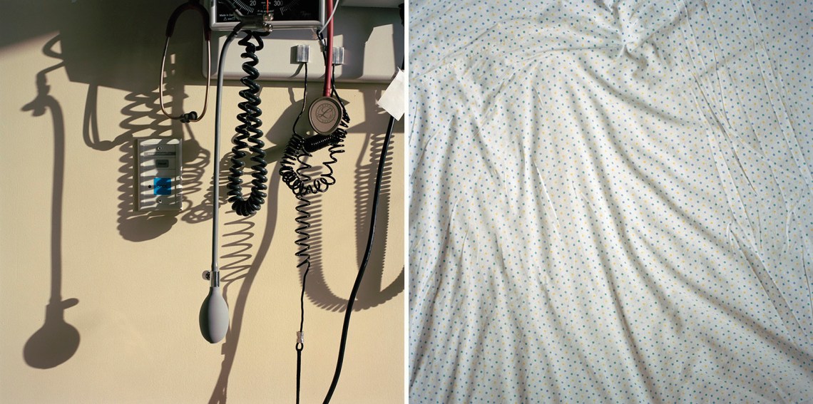 Photograph of patient montiors next to another photograph of an empty hosptial bed