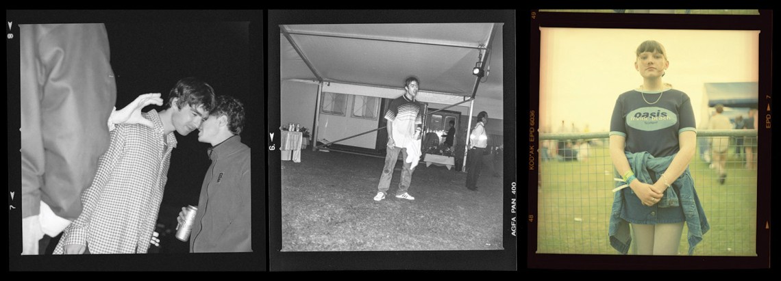 Photo one: Noel Gallagher and John Power, Photo two: Liam Gallagher, Photo three: a fan in an Oasis t-shirt