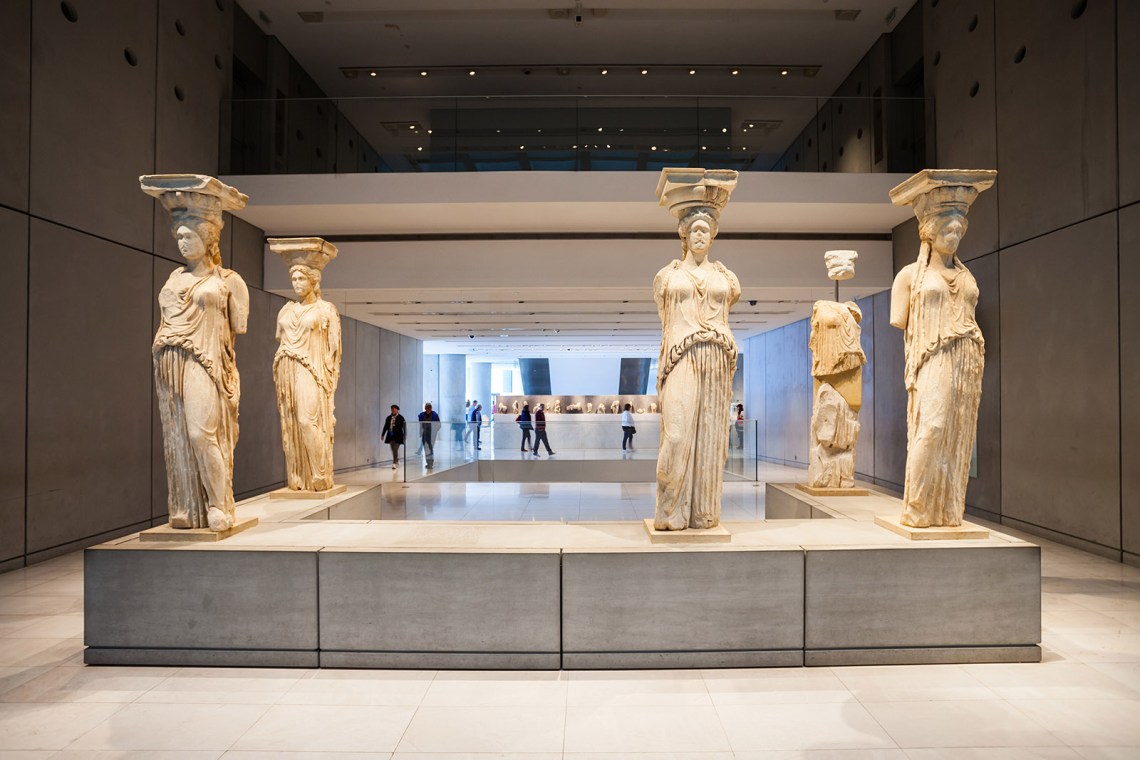 Five of the six caryatids that once supported the Erechtheion’s Porch of the Maidens, on display in the Acropolis Museum, Athens