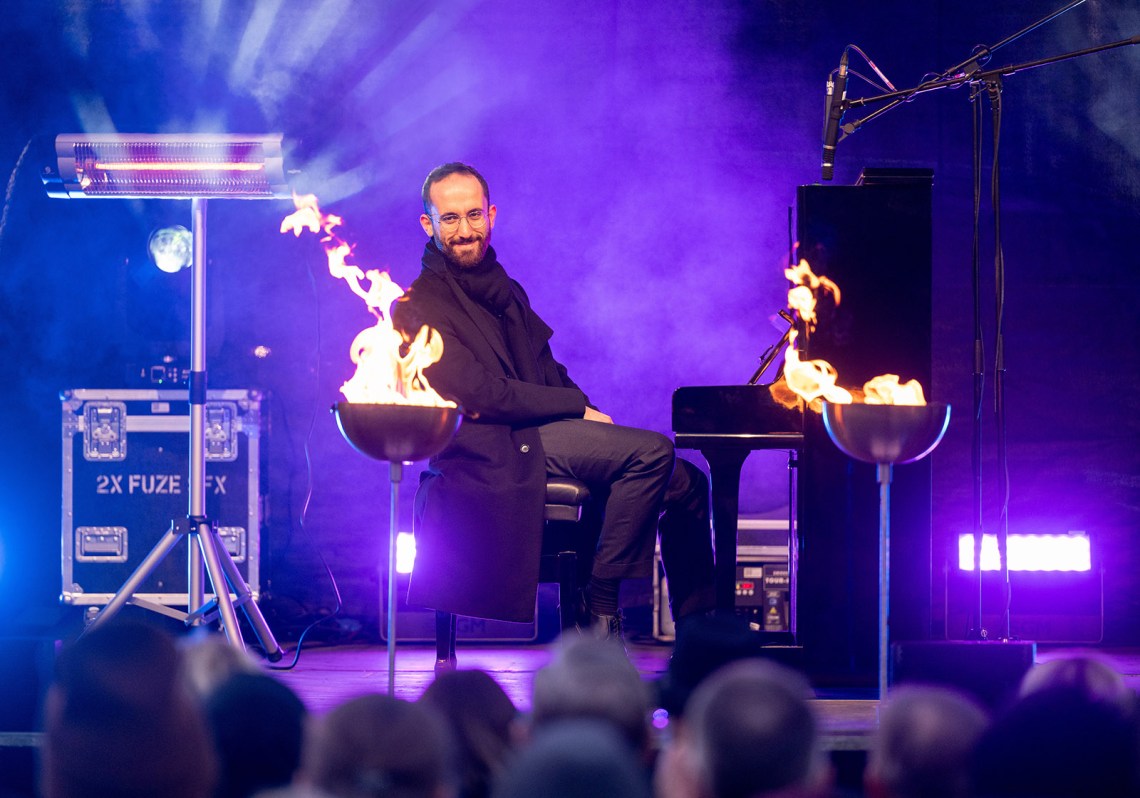 Igor Levit performing at the Brandenburg Gate to celebrate the fourth night of Hanukkah, Berlin